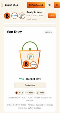 A screenshot showing the Bucket Shop app with MSTR ($677.02) and PENG ($0.007762) tokens selected, alongside a "Your Entry" graphic featuring $BUCKET (0x7752...6864) ready to enter at market or limit price, corresponding to the user's mention of buying into $BUCKET via @realbucketshop.