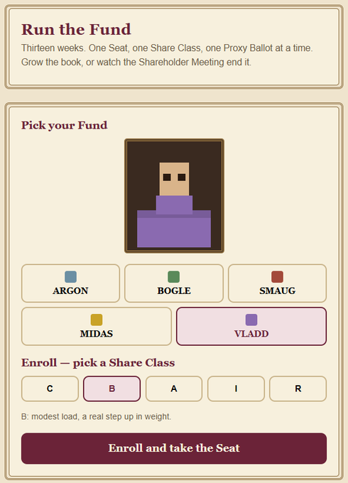 A user interface for "Run the Fund" by @themutualfun shows a pixel-art avatar and a "Pick your Fund" selection menu with five options—ARGON, BOGLE, SMAUG, MIDAS, and VLADD (currently highlighted)—where the user has enrolled in Share Class B ("modest load, a real step up in weight") before clicking the maroon "Enroll and take the Seat" button. The screenshot illustrates the satirical NFT mutual fund's enrollment process described in the post, where participants join a specific fund and share class to take a seat and begin voting on the fund's continuation.