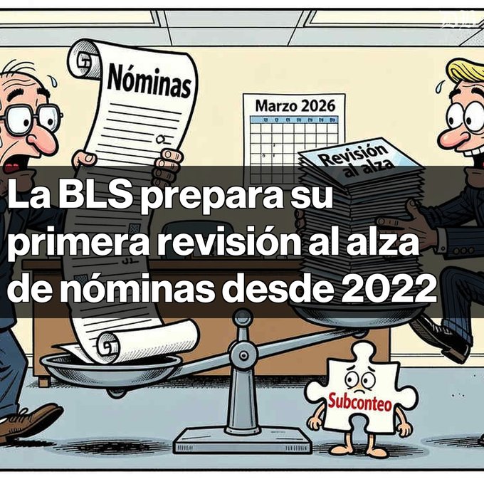 A Spanish cartoon illustration about the BLS preparing its first upward revision of payrolls since 2022, featuring characters labeled "Nóminas" and "Revisión al alza" on a scale, with a puzzle piece character labeled "Subconteo" below.