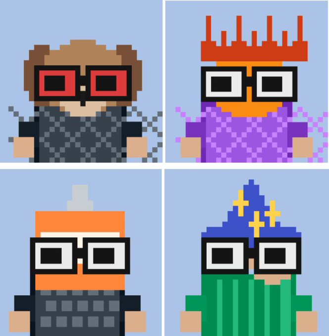 A pixel art composition of four blocky character portraits arranged in a grid, each wearing distinct black rectangular glasses, with colorful outfits including a bear-eared character, a crown-wearing figure, a gray-suited character, and a green-robed figure with a yellow crown.
