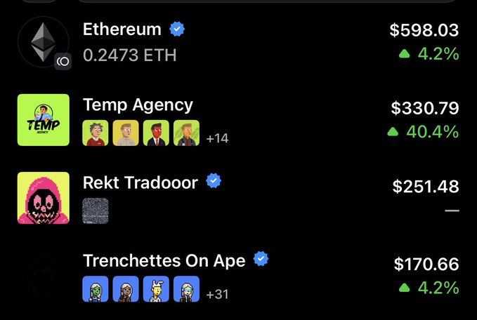 A crypto portfolio screenshot displays holdings including Ethereum at $598.03 (+4.2%), Temp Agency NFT collection at $330.79 (+40.4%) with 14 owners, Rekt Tradooor NFT at $251.48, and Trenchettes On Ape NFT at $170.66 (+4.2%) with 31 owners. The image reinforces the "I only believe in NFTs" caption by showcasing a portfolio dominated by NFT collections with only one traditional cryptocurrency (ETH) included.