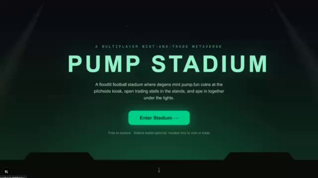 The image shows an advertisement for Pump Station with a graphic design of a stadium and a game show host. The advertisement has green text that says "PUMP STADIUM" and encourages users to visit the website, play the game or buy tokens inside the virtual world. There are also three options available in the game: to walk up to a stall, press E, and make an ape in for a free token or press C to copy-paste their code into another player's account. The advertisement emphasizes that the game is realistic with real traders operating in this online bazaar.