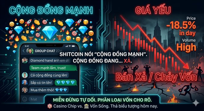 A Vietnamese graphic contrasts a strong crypto community chat ('CỘNG ĐỒNG MẠNH') with falling prices, showing an -18.5% drop in a day and urging users to choose between 'Casino Chip vs. Vốn Sống' (Casino Chip vs. Living Capital).