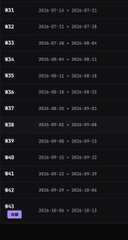 A dark screen displays a list of tasks labeled K31 through K44 with corresponding numbers.