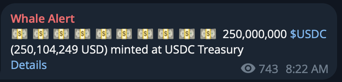 The image shows a cell phone alert screen displaying information about a $250m USDC. The context of this alert suggests that there might be a significant trading activity or a financial decision related to cryptocurrencies, specifically ether (ETH) coins. This type of alert could indicate market trends, new transactions, or other cryptocurrency news that is relevant to the user's interests and investment portfolio.