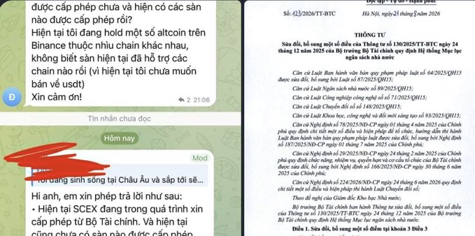 A screenshot of a Vietnamese Telegram chat regarding cryptocurrency, specifically mentioning altcoins on Binance and a response from 'Mod' about SCEX working with the Ministry of Finance.
