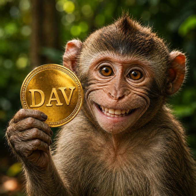 A digitally rendered monkey with a wide smile holds up a large gold coin inscribed with 'DAV' against a lush green background.