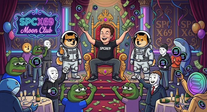 The image features a cartoon scene with two men sitting on a throne, surrounded by other cartoon characters such as a dog and frog. The men are wearing suits and crowns, indicating that they hold some sort of authority or power. In front of them is a large pile of money, suggesting that the men have won a significant amount in a contest or game.

The post also mentions an event happening at SPX69 Moon Club, where people can win 100 dollars by entering their address and tagging two friends on social media using the provided hashtag. The image includes text that reads "Last hour for the giveaway giving away 100$ in SPCX69 supply to 2 of you split to enter you must: RT this post follow me and @internSPC69x tag 2 friends and Sol address Bonus: notis on." This information is relevant to the image, as it suggests that the people who entered their addresses are likely to be winners.