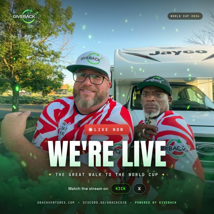 A promotional image for a live stream titled 'WE'RE LIVE - THE GREAT WALK TO THE WORLD CUP', featuring two smiling men in matching red and white Giveback jerseys and hats in front of a Jayco RV.