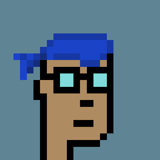 A pixel art illustration of a character with brown skin, glowing cyan eyes, and blue headwear against a light blue background.