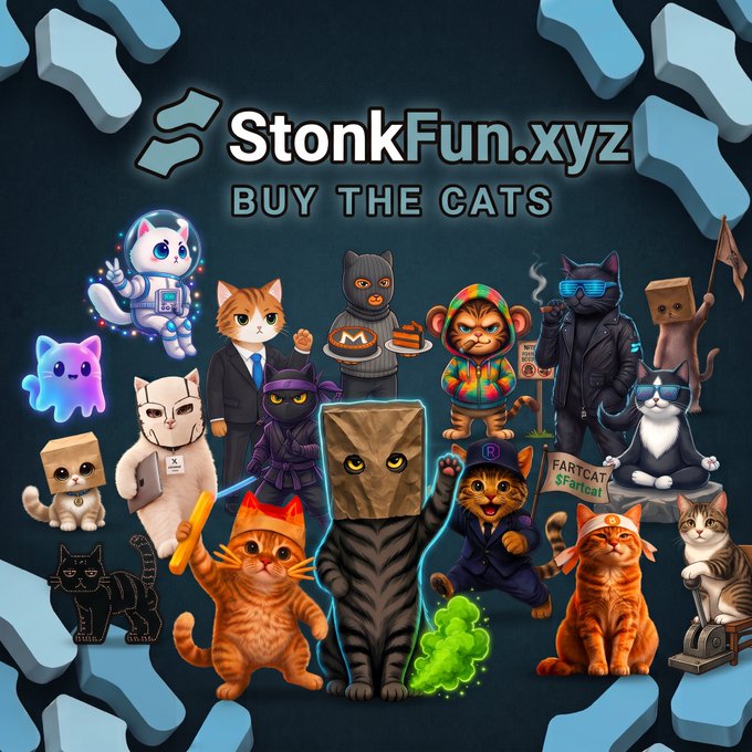 Promotional graphic with the text "StonkFun.xyz BUY THE CATS" featuring various illustrated cats in costumes, including astronauts, ninjas, and hooded figures.