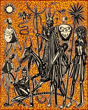 A vibrant folk art-style painting with an orange textured background depicting various stylized figures including horned characters, skeletons, a horse, and a monkey-like creature, reminiscent of traditional Mexican or Latin American art.