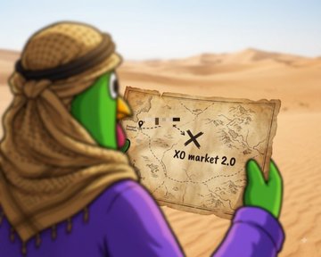 A cartoon figure in desert attire studies an old map marked "XO market 2.0" with an X marking the spot, symbolizing a treasure hunt to discover the platform's newly introduced Conviction markets feature. The image visually represents seeking out the opportunity to launch prediction markets with as little as 10 USDC.