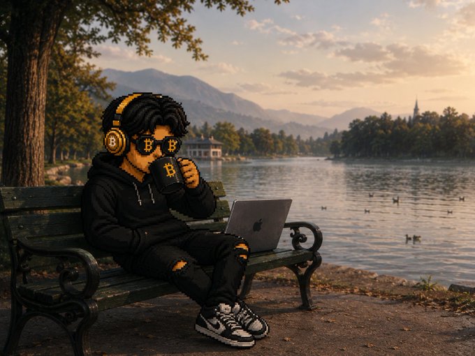 A pixel-art style illustration of a person wearing Bitcoin-themed sunglasses and headphones, drinking from a Bitcoin mug while using a laptop on a park bench by a lake at sunset.