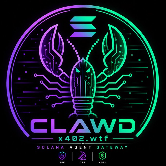A neon-styled circular logo featuring a robotic lobster with circuit board patterns in purple and teal, with the text 'CLAWD', 'x402.wtf', and 'SOLANA AGENT GATEWAY' at the bottom, along with smaller icons labeled TEE, ORE, and x402.