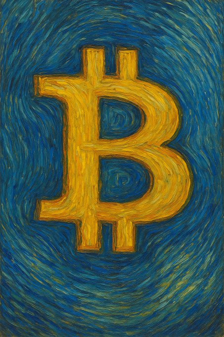 An artistic painting in Van Gogh's signature swirled blue and yellow style depicting the Bitcoin '₿' logo, symbolizing the cryptocurrency's cultural and artistic significance.