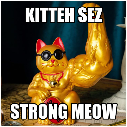 A golden Maneki-neko (lucky cat) figurine with sunglasses and a bell collar raises one paw, overlaid with bold text reading "KITTEH SEZ" at the top and "STRONG MEOW" at the bottom. The image serves as a meme promotional graphic for Kittehcoin, with the cat's raised paw symbolizing the meme's bullish "strong meow" sentiment, while referencing the 2013-era memes site at memes.kittehcoin.info and the $MEOW ticker.