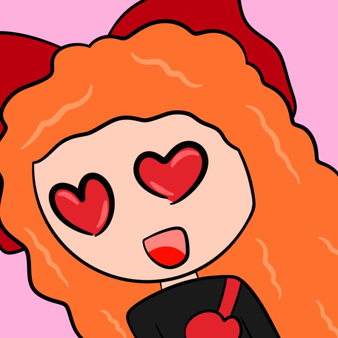 A cute cartoon illustration of a girl with voluminous orange curly hair, wearing a red bow, with red heart-shaped eyes and an open smiling mouth, dressed in black against a pink background.