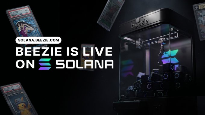 The image announces that Beezie is now live on Solana, featuring various trading cards inside a claw machine, with the Solana logo prominently displayed. The website SOLANA.BEEZIE.COM is also shown.