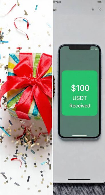 A split image showing a wrapped gift with a red ribbon and confetti on the left, and a smartphone screen displaying '$100 USDT Received' on the right.