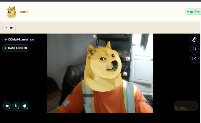 A Doge webcam interface (.cam) showing a person wearing an orange shirt with a superimposed Shiba Inu (Doge) mask/filter, with 'MASK LOCKED' and '4/5' displayed.