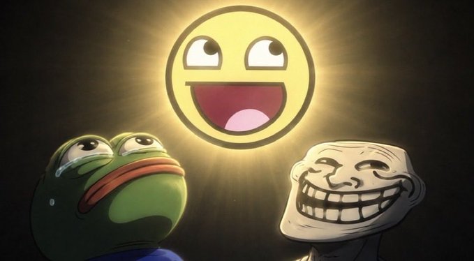A meme featuring Pepe the Frog and Trollface gazing up at a glowing yellow smiley face emoji radiating light.