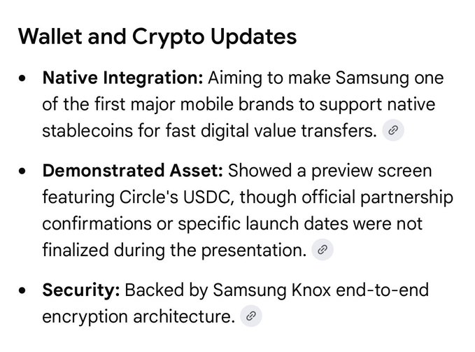 The image is a bullet-point summary titled "Wallet and Crypto Updates" highlighting Samsung's plans for native stablecoin integration, a preview featuring Circle's USDC, and security via Samsung Knox encryption, directly corresponding to the post's announcement of Samsung Wallet's stablecoin support demonstration at the Galaxy Unpacked event.