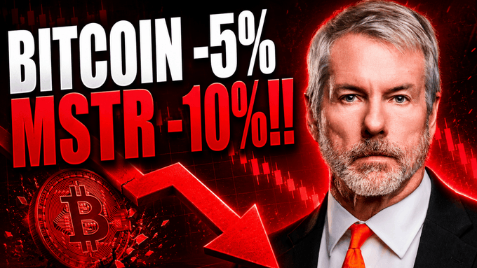 The image shows a man wearing a tie with his head turned away from the camera, against a red background that has "Bite" written above him. Below this text, there are several coins displayed, including Bitcoin. The caption below the man reads, "Bitcoin - 5%!"