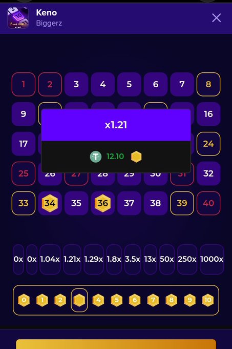 A screenshot of a "Keno" game by "Bigggez" showing a grid of numbers and a popup displaying "x1.21" with a bet amount of "12.10."