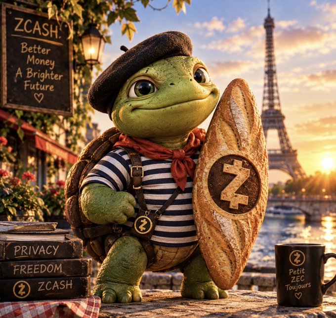 An AI-generated illustration of a turtle dressed as a Frenchman in Paris with the Eiffel Tower, holding bread with a 'Z' symbol, surrounded by Zcash branding and signs reading 'ZCASH: Better Money A Brighter Future' and 'PRIVACY FREEDOM ZCASH'.