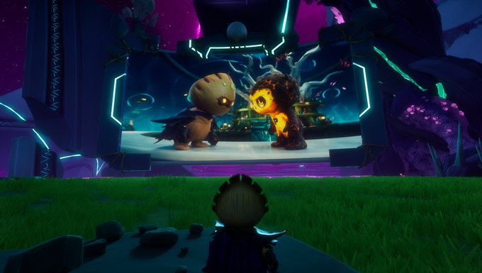 A screenshot from a video game showing a small character watching two larger creatures facing each other on a platform in a purple, otherworldly environment with glowing accents.