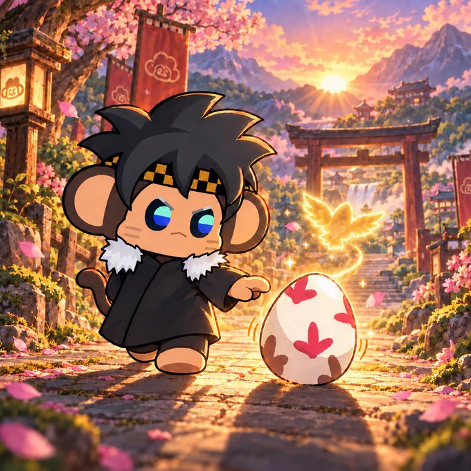A cartoon-style illustration of a chibi monkey character with spiky black hair and a headband, wearing a dark robe and pointing at a glowing, decorated egg in a cherry blossom landscape with a torii gate at sunset.