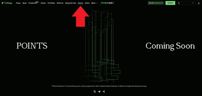 A screenshot of the TxFlow website homepage shows a "Points" section marked as "Coming Soon," with a red arrow highlighting the "Points" tab in the navigation menu, accompanied by text indicating that "Points Season 1" is launching soon and early supporters will be recognized. This visually reinforces the post's announcement about the upcoming points campaign for Fluid Transactions (TxFlow_L1) launching in two weeks.