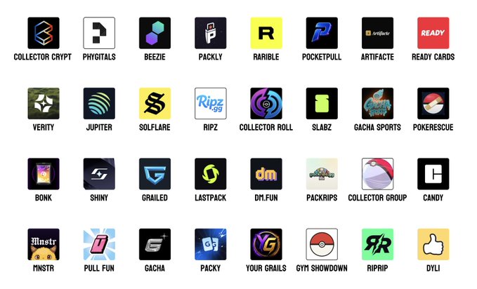 A grid of 32 colorful app and project logos, including Collector Crypt, Phygitals, Beezie, Packly, Rarible, PocketPull, Artifacte, Ready Cards, Verity, Jupiter, Solflare, Ripz, Collector Roll, Slabz, Gacha Sports, PokeRescue, Bonk, Shiny, Grailed, Lastpack, DM.fun, Packrips, Collector Group, Candy, Mnstr, Pull Fun, Gacha, Packy, Your Grails, Gym Showdown, RipRip, and Dyli.