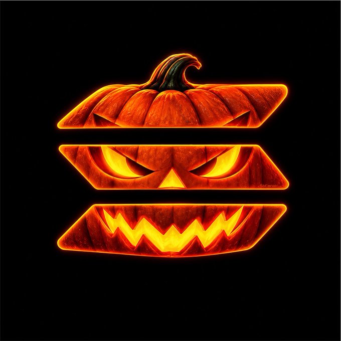A Halloween-themed digital illustration of a glowing orange jack-o'-lantern that has been horizontally sliced into three pieces, with menacing glowing eyes and a jagged mouth against a black background.