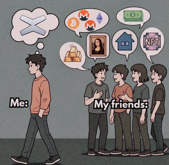A cartoon meme depicts a person labeled 'Me:' thinking about XRP while 'My friends:' discuss cryptocurrency, gold, money, Mona Lisa, real estate, and NFTs.