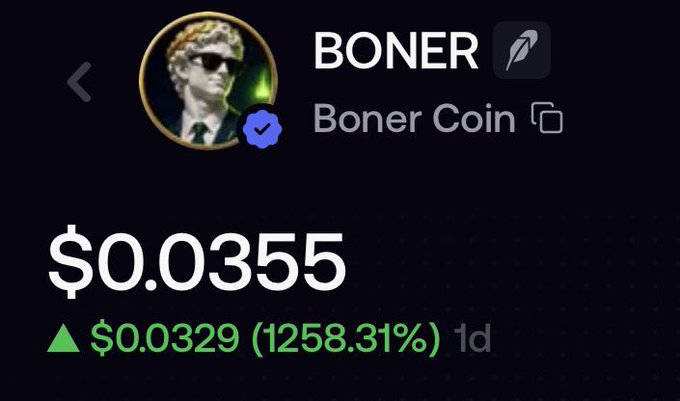 A cryptocurrency token profile for 'BONER' (Boner Coin), verified with a checkmark, featuring a classical statue avatar and showing a price of $0.0355 with a 1258.31% gain of $0.0329 in the past 1 day.
