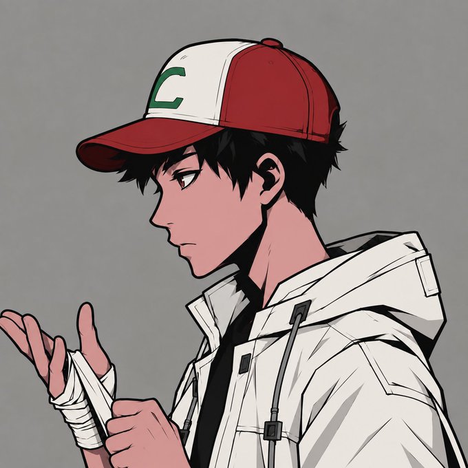 An anime-style illustration shows a young man with dark hair in profile, wearing a red and white cap with a green 'C' and a white jacket, with bandaged hands.