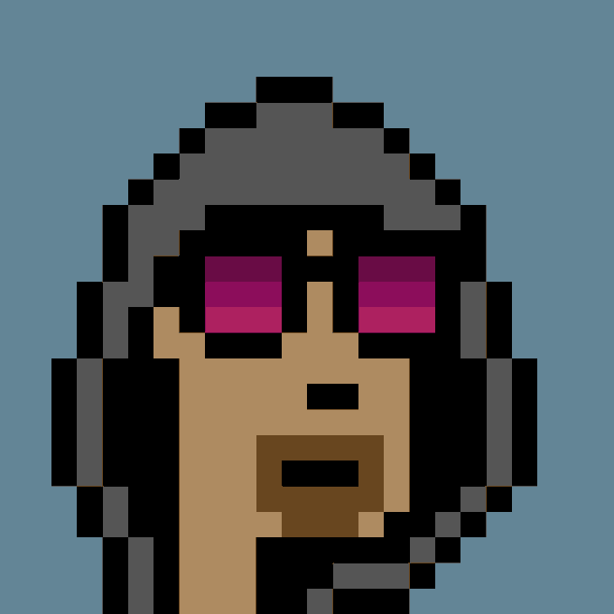 A pixel art CryptoPunk character with dark hooded hair, purple sunglasses, and a goatee is displayed against a light blue background, representing Punk #8359, which was recently purchased for 125 ETH.