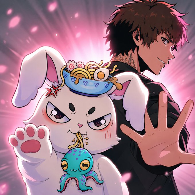Anime-style illustration of a brown-haired man with tattoos behind a white rabbit creature balancing a noodle bowl on its head, with a small blue octopus hanging from noodles in its mouth, against a pink burst background.