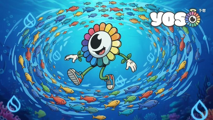 A colorful cartoon illustration featuring a flower-headed character with a large eye, surrounded by schools of multicolored fish in swirling underwater currents, with the "YOSO" logo in the top right corner.