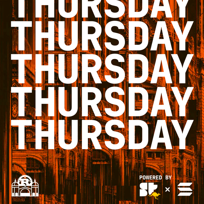 A promotional graphic repeating the word 'THURSDAY' five times in large white text over a reddish-orange cityscape, with logos at the bottom reading 'POWERED BY', 'st', and 'Everdome'.