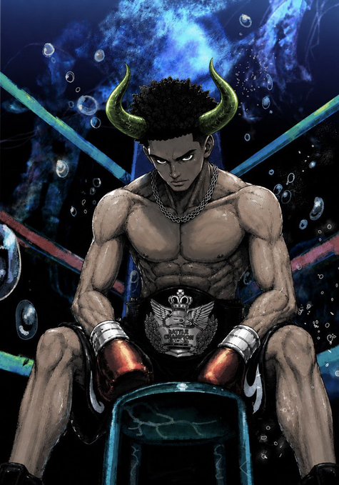 A digital illustration of a muscular fighter with green horns sitting in a boxing ring wearing red gloves and a championship belt, set against a cosmic background with bubbles.