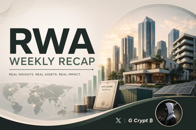 A promotional banner titled 'RWA WEEKLY RECAP' with the tagline 'REAL INSIGHTS, REAL ASSETS, REAL IMPACT,' featuring images of real estate, solar panels, coins, and a 'FIXED INCOME TREASURY BILL' document, credited to X | G Crypt B.
