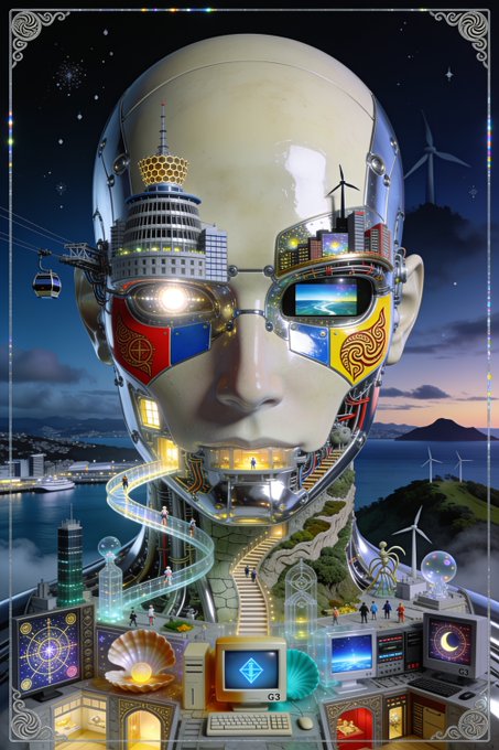 The image features a large white head with various objects and buildings surrounding it, including a clock tower, a windmill, and a city skyline. The artist has also included elements from the New World, such as a computer monitor and a television set. The post seems to be promoting an art project or exhibition that combines elements of both the digital and physical worlds.