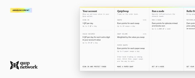 An announcement graphic for Quip Network showing various participation methods: 'Your account' (Swap QP for shares), 'QuipSwap' (earn points), 'Run a node' (earn 2,000 QP weekly), and 'Refer friends', along with the Quip Network logo.