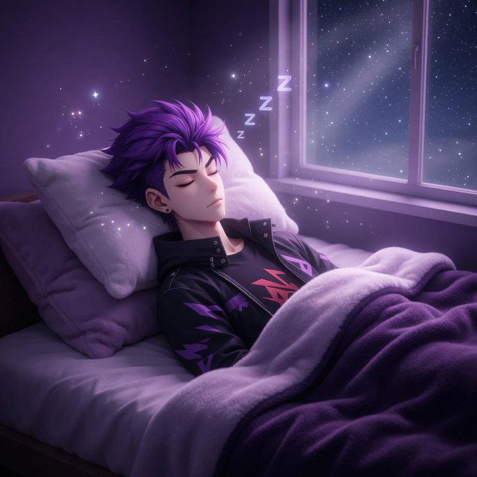 An anime-style illustration shows a young man with spiky purple hair sleeping peacefully in bed under a purple blanket, with 'Z' symbols floating above him and a starry night sky visible through the window.