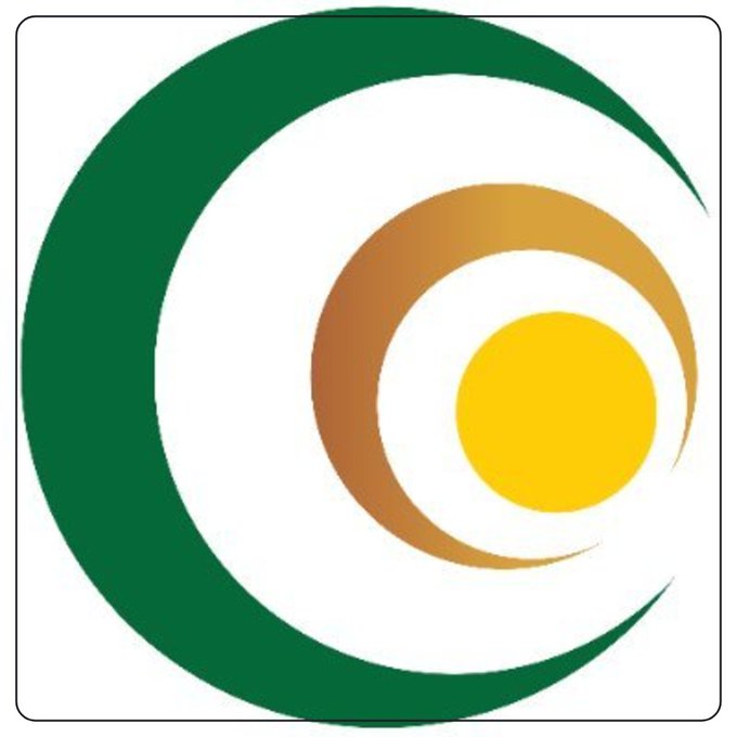 A logo featuring a green crescent shape surrounding a brown ring and a yellow circle on a white background, possibly representing the Eye of Providence or a similar emblem.
