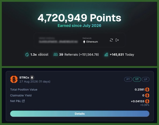A dashboard showing "4,720,949 Points" earned since July 2026 on the Ethereum network, with details for an $TRCx position including Total Position Value of 0.2581.