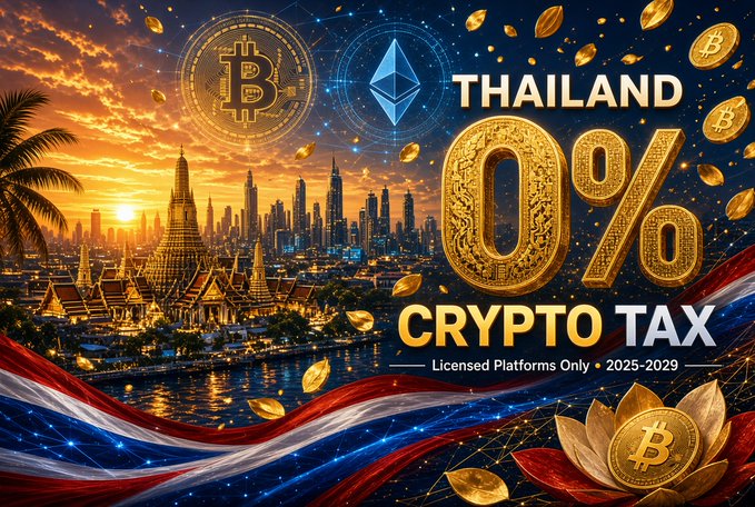 A promotional graphic announcing Thailand's 0% capital gains tax on crypto trades conducted on SEC-licensed platforms from 2025-2029, featuring Bitcoin and Ethereum logos, a golden "0%" with "CRYPTO TAX" text, a Bangkok skyline with temples, and the Thai flag ribbon—visually reinforcing the post's headline about Thailand's newly crypto-friendly policy.